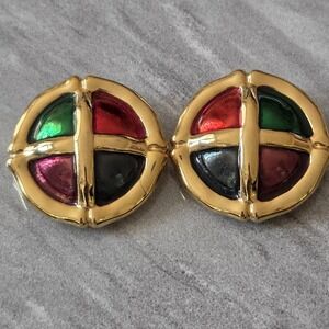 Large Vintage Multicolor Gold Tone Enamel 80s Round Geometric Clip-on Earrings